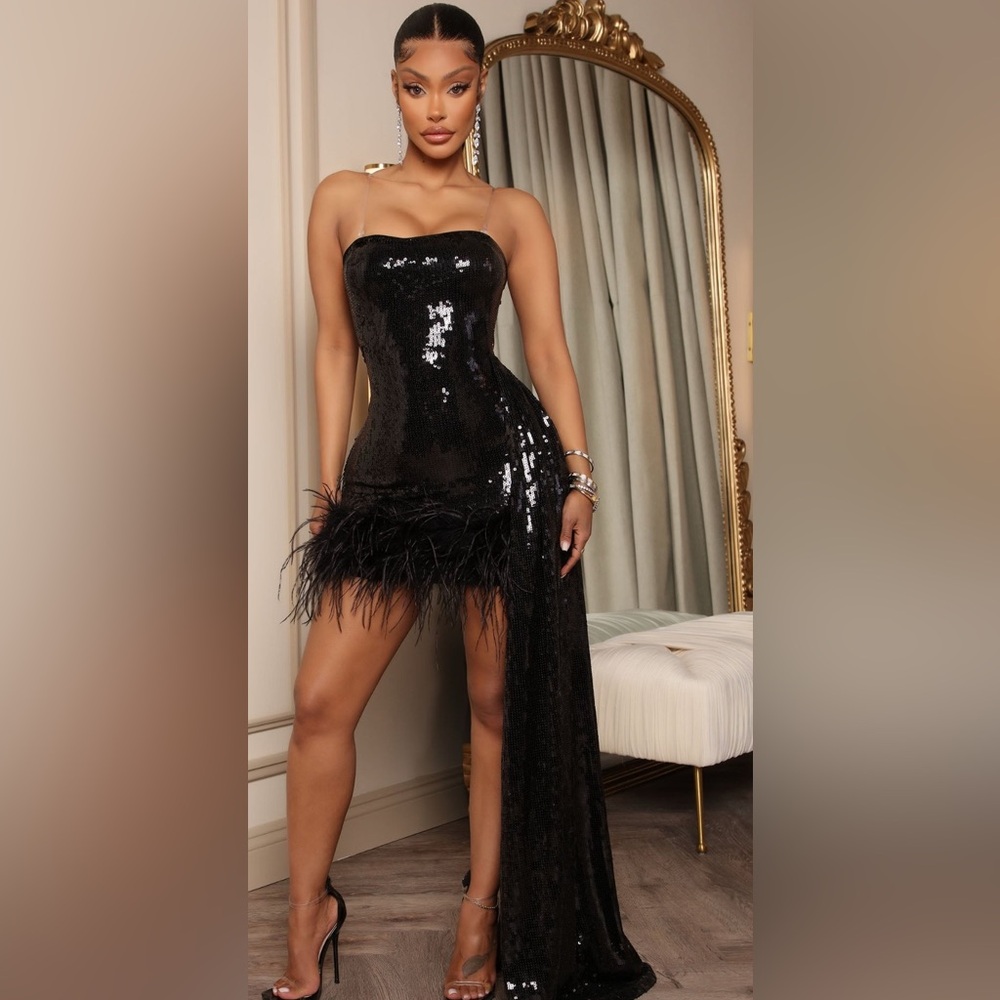 Black Sequin Strapless Dress with Feather Trim